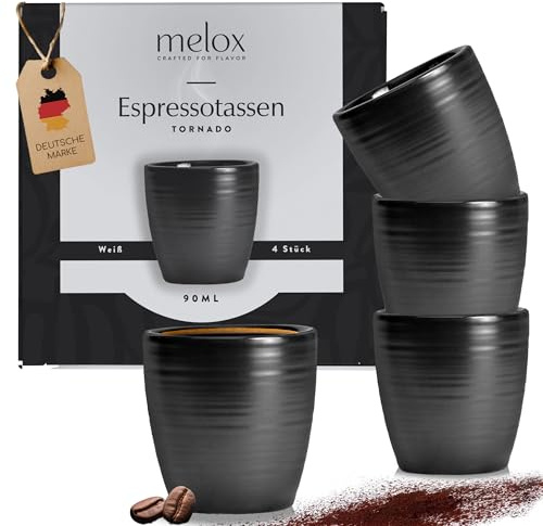 MELOX 4er Set Espressotassen aus Porzellan Schwarz, Matt á 90ml ohne Henkel | Mokka-Tassen dickwandig ohne Griff - Espresso Tassen Cup henkellos im modernen Design - Mokkatassen Espressocup ohne Griff