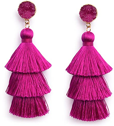 Big Magenta Tassel Earrings Dangle Drop Statement Fringe Long Fuchsia Pink Earrings for Women Dangling Boho Fancy Christmas Party Costumed Magenta Pink Jewelry Gift
