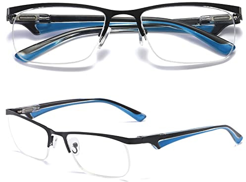 MAGIMODAC Lesebrille Blaulichtfilter Halbrahmen Lesebrillen Rechteckige Lesehilfe Federscharnier Metall Sehhilfe mit PU Leder Etui für Herren Damen (Blau, 1.00)