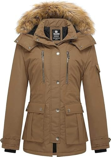 Wantdo, dam, vinter, bomull. vadderad kappa, varm vindtät utomhusjacka, klassisk, medellång parkas, fuskpäls, luva, rock, Brun khaki, S