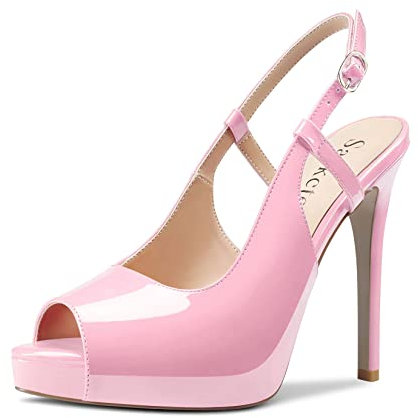 Saekcted Mujer Alto High Aguja Plataforma Heel Abierta Punta Slingback Sandalias de Boda Dress Correa Tobillo Pumps 12 CM Heels Rosa 35 EU