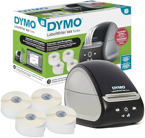 DYMO LabelWriter 550 Turbo Etikettendrucker Bundle Label Maker mit Thermodirektdruck Automatisch Inklusive Adressetiketten Mehrzweck-Etiketten Langlebig Mehrzweck