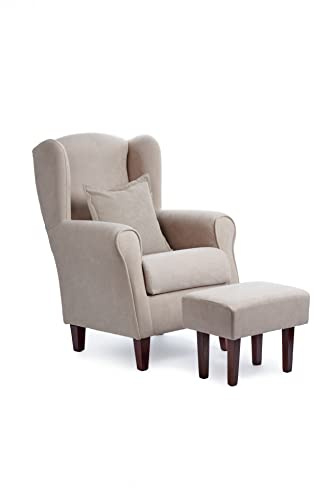 Sillonea - Sillón Orejero Roma con Puff/reposapies, butaca pequeña para salón, Ideal para Ver la TV/Leer. Medida: 100x74x77cm. Tapizado con Tela Antimanchas. (Beige, Natural)