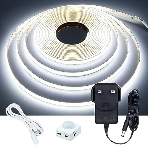 GOMING Motion Sensor COB LED Light Strip 16.4ft/5M Cool White 6000K CRI 93+ | 3 Lighting Modes 3 Timing Off Modes 3 Brightness Modes with Power Adapter for Kitchen Cabinets Stair Showcase Bedroom Bed