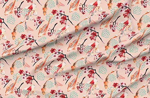 Spoonflower Fabric - Japanese Garden Koi Fish Cherry Blossoms Bubbles Pond Carp Light Pink Printed on Polartec(R) Fleece Fabric by The Yard - Sewing Blankets Loungewear and No-Sew