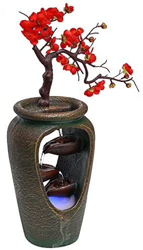 Indoor Waterfall Flower Vase Style Fountain Tabletop Fountains with LED Lights,Lighted Illuminated Waterfall Indoor Small Rockery Desktop Relaxation Fountains for Home Office Decor