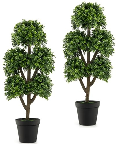 TANGZON Artificial Boxwood Topiary Tree, Potted Fake Buxus Ball Plant with 5 Balls & Cement Pot, Indoor Outdoor Decorative Evergreen Faux Tree for Home Office Living Room Garden Porch (2)
