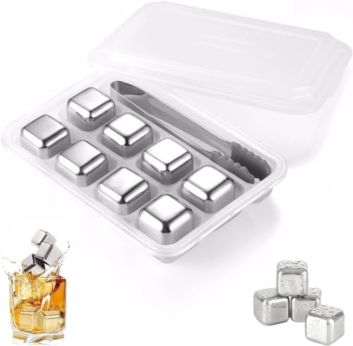 8 Stück Whisky Steine Edelstahl Set,Edelstahl Eiswürfel Set, mit Silikonclip, für Whiskey, Wodka und Tequil, Silber