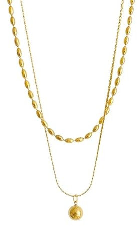 Dark Water Collections 18K Yellow Gold Plated Stainless Steel Necklace With 16 inch Bead Chain Charm Ball Pendant Women's Jewelry Gift, Stainless Steel Gemstone, No Gemstone, Stainless Steel Gemstone,