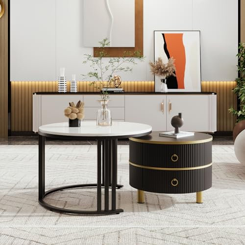 Soweiz 2-in-1 runder MDF-Couchtisch, Beistelltisch mit 1 Hochglanz-Tischplatte und 1 Tischplatte aus gehärtetem Glas, Wohnzimmer-Cxouchtischkombination 70x70x45+50x50x40 cm (Weiß und Schwarz)