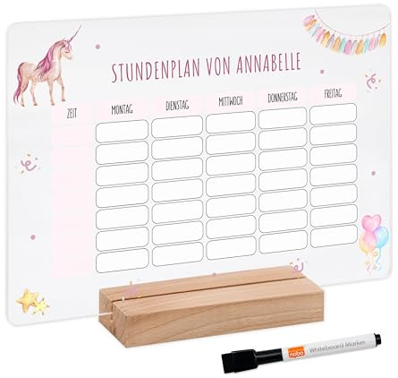 Bärenfreunde® - Personalisierbarer & Abwaschbarer Stundenplan aus Acryl + Stift, Holzhalter - Einschulung Geschenk, Schultüte zum Schulanfang oder Grundschule (Einhorn,mit Holzhalter)