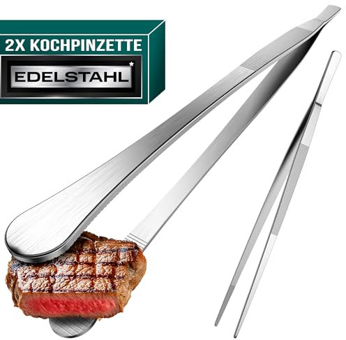 4happy Kochpinzette - 2 Stück Kochpinzette Edelstahl Set, runde Grillpinzette zum Kochen und Braten + spitze Küchenpinzette zum Dekorieren, Pinzette Küche 30 cm