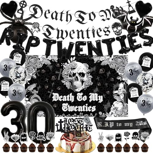 Rip 20s Geburtstag Dekorationen Luftballons - 43 PC Schwarz Gold 30th Funny | 43 Stück Death To My 20s Partyzubehör einschließlich Banner Totenkopf Hintergrund Nummer 30 Folienballon