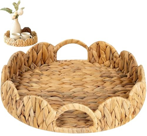 1PC Scalloped Water Hyacinth Woven Basket Tray, 12 Inch Round Rattan Serving Tray With Handle for Dining Table, Vanity, Bedroom, Kitchen