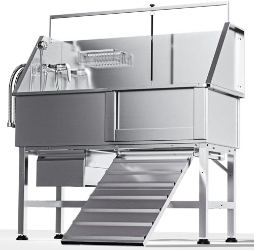 Dog Washing Station for Home，46 Stainless Steel Professional Dog Bathing Station Height Adjustable Dog Washing Station for Home Dog Grooming Tub Ramp, Drawer, Floor Grate & Fauct