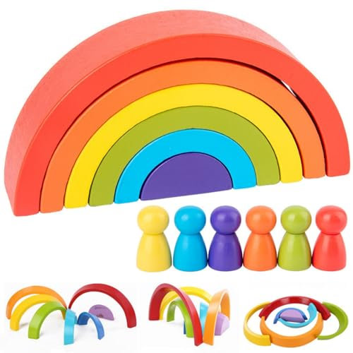Tokaneit 12 Stück Holz Regenbogen Stapel Set, Regenbogen Holz Bausteine, Motorikspielzeug, Geschenk,Lernhilfen für zu Hause, 14 * 3 * 7 cm, Große Größe