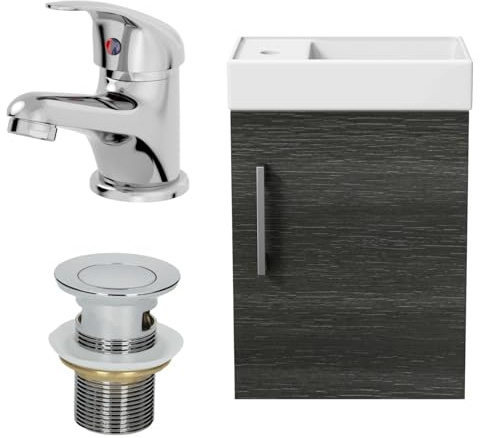 AURORA® 400mm Bathroom Vanity Unit Ceramic Wash Sink Wall Hung Storage Cabinet Reversible Soft Close Cupboard & Essentials Basin Mixer Tap & Waste Set, Charcoal Grey