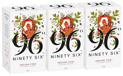 96° Indian Chai – Pack of 3 × 20 Pyramid Tea Bags (60 Bags), Invigorating & Aromatic Black Tea with Chopped Spices, Individually Wrapped Recyclable Envelopes, Plant-Based Tea Bags - No Microplastics