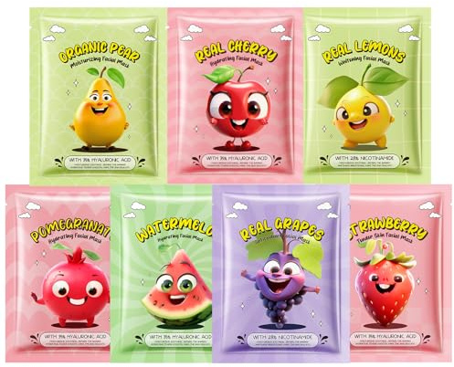 Face Masks Skincare, 7Sheet Mask Moisturizing and Smoothing Face Masks Beauty Fruit Face Mask Gift Set Kids Face Masks For Girls Sheet Face Mask Gifts for Teenage Girls (7Pcs-A)
