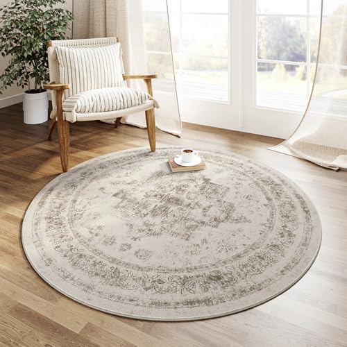 HUGEAR Vintage Rund Matta Taupe Runda Mattor 150cm Tvättbar Halkfri Golvmatta Sovrum Vardagsrum Kontor Barnrum Carpet Rug Mjuk Kort Lugg