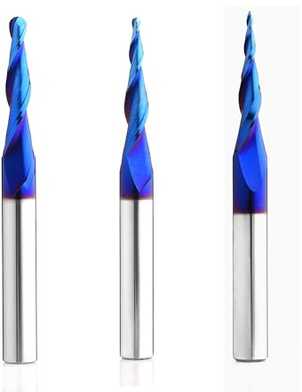 3PCS 1/8 1/16 1/32 inch Cutting Diameter Tapered Ball Nose End Mill Set Spiral CNC Router Bits Nano Coated Up Cut Solid Carbide 2D and 3D Carving 3.6 Deg 5.4Deg 6.2Deg with 1/4 Inch Shank T4660BC