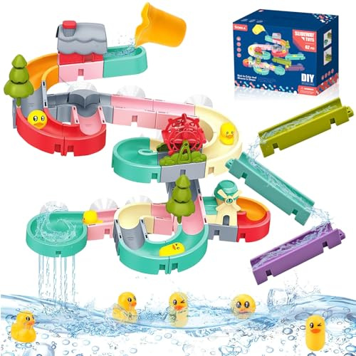 Juguetes Baño Bebe, Shyllin Juguetes Bañera, Ducks, Windmills, Houses, Juguetes de Baño con Ventosas, Bath Toys, Regalos de Cumpleaños para Niños Y Niñas (Vías - 62 Piezas)