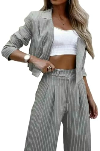JJDFW Costumes à rayures décontractées pour femmes Tenues d'été Style court Revers Ensemble Pantalon rayé Blazer Manteaux Pantalon Droite Costume