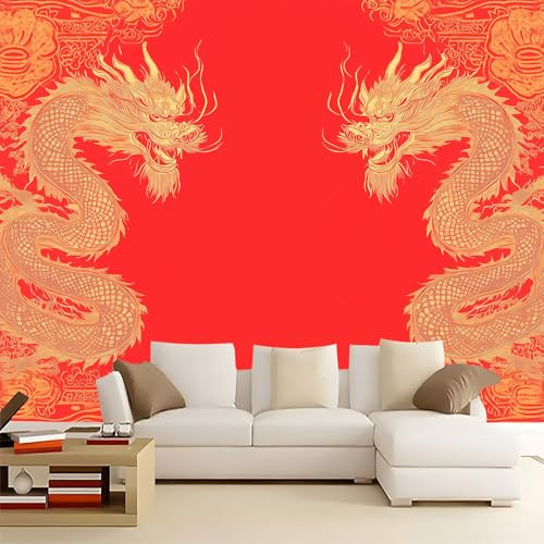 Papier Peint Panoramique Dragon à fleurs rouges 500x280 cm Papier Peint Photo Mural Intissé, Poster Tapisserie Mural Personnalisé 3D Pour Salon Chambre Décoration Murale