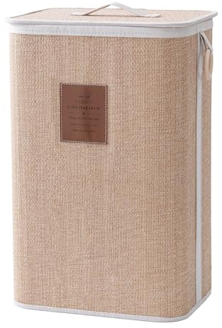 Muzilife Bambus Wäschekorb, 72L Faltbare Wäschesammler mit Deckel | Schmal Wäschebox aus Natürliche Baumwolle, Stabil Wäschetonne mit Tragegriffen, 40x30x60CM, HellBraun