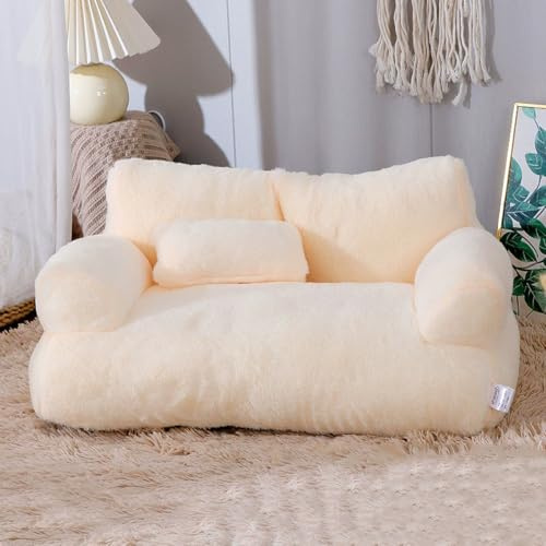 Miaogoo Sofá cama suave para mascotas, sofá para perros y gatos con cremallera y almohada, cojín lavable para muebles de mascotas, colchón ortopédico antideslizante y calmante (55 x 35 x 15 cm, beige)