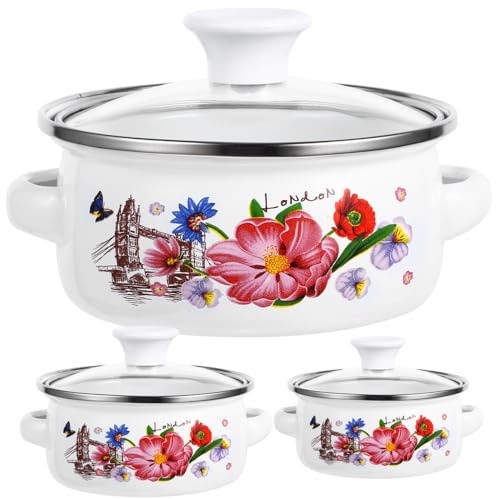 LOORGVEL Pentola Smaltata Piccola a Doppio Manico per Piano Cottura a Induzione, Casseruola Decorativa per Zuppe e Noodles Istantanei, Set da 3 Pezzi Fondo Piatto Adatta a Stufati e Bollitura Rapida