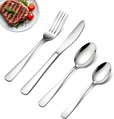 BEWOS 16 Pcs Cutlery Set - Stainless Steel Cutlery Set for 4 People with Ergonomic Handle, Silver, Knife and Fork Sets Ideal for Family Dining, Camping, Mirror Polished & Dishwasher Safe