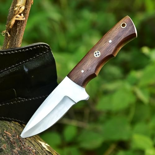 TATLA CRAFT Hunting Knife, Stainless Steel Blade and Rosewood Handle - Blacksmith Made Camping Knifes - Bushcraft Knives- Survival Knives with Leather Cover. (Stainless-Steel-Knife)