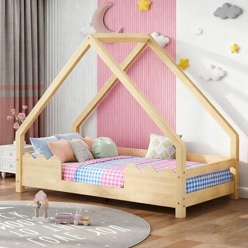 Massivholz-Hausbett für Kinder (90x200 cm) – Spielbett mit integriertem Rausfallschutz – Naturbelassenes Jugendbett aus robustem Holz – Sicherer & fantasievoller Schlafplatz