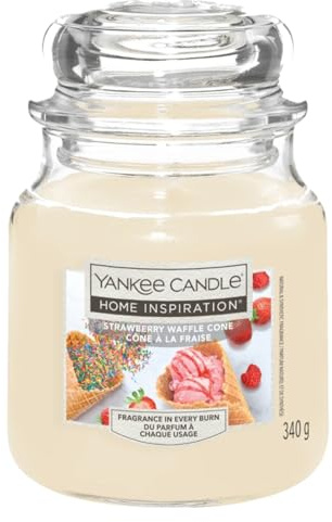 Yankee Candle Home Inspiration Strawberry Waffle Cone Scented Jar Candle, Medium Size 340g, Glass Container with Lid