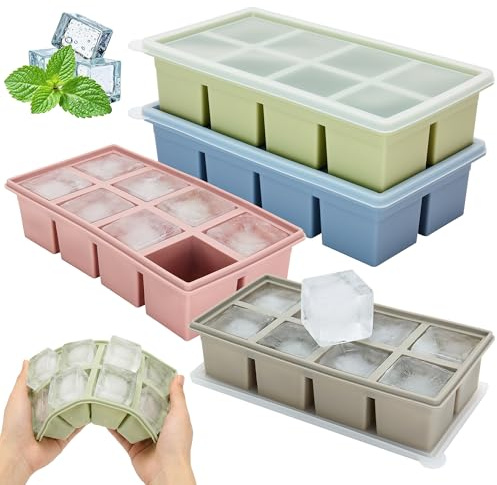4 Pack Large Silicone Ice Cube Trays for Whiskey, Easy Release 2 inch Cube Ice Trays for Cocktail Whisky, Stackable Ice Cube Trays for Freezer with Leak Proof Removable Lid(4 Colors)