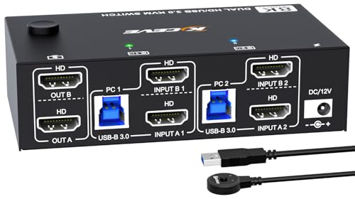 Switch KVM HDMI per 2 computer e 2 monitor, 8K@60Hz/4K@120Hz Dual Monitor KVM Switch per 2 PC, per la condivisione di 2 monitor e dispositivi USB 3.0, con cavi USB, controller e alimentatore di rete
