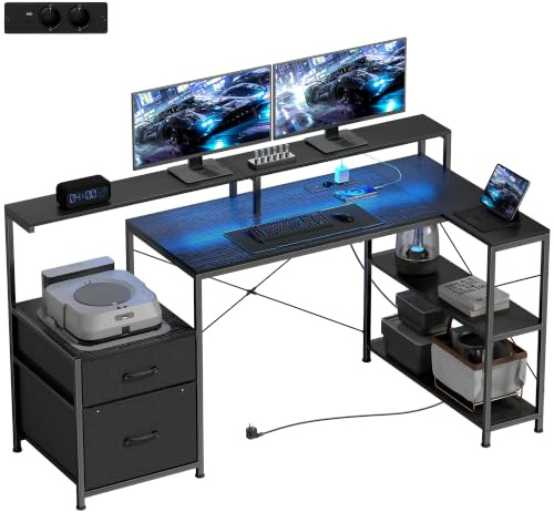 HOMCOM Scrivania Gaming ad L con Multipresa, Luci LED, 165x80 cm, Nero | Scrivania PC, 2 Cassetti in Tessuto, 2 Scaffali Aperti, Tavolino Laterale, 2 Supporti per Monitor, in Truciolato e Acciaio