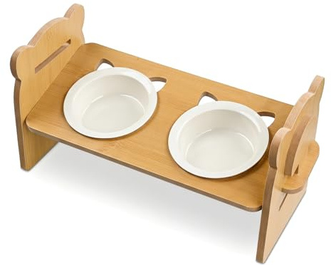 Nivofu Distributeur de Croquettes et Gamelle d’Eau pour Chat, Station d’Alimentation Surélevée Inclinée à 15° avec 2 Bols en Céramique, pour Chats et Petits Chiens