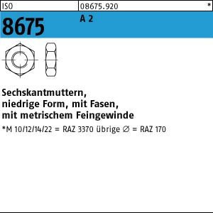 10 Sechskantmutter mit Fasen ISO 8675 A2 M20x1,5 V2A Niro Edelstahl