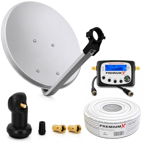 PremiumX Camping Satelliten-Komplettanlage 45cm Satellitenschüssel Single LNB 10m TV Kabel F-Stecker SAT-Signalfinder