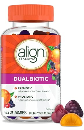 Align Dualbiotic, Prebiotics and Probiotics for Women and Men, Probiotics for Digestive Health, Prebiotics Help Nourish Good Bacteria, Natural Fruit Flavors, 60 Probiotic Gummies