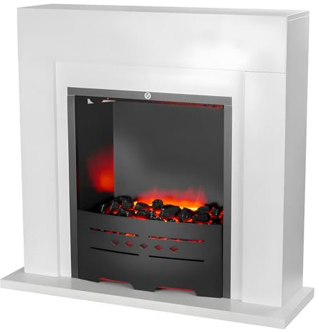 Camino Elettrico Denver 1500W - Caminetto Elettrico con Mobile in Legno Bianco, Effetto Fiamma Regolabile con 2 potenze - Termocamino Decorativo, Caminetto Finto da Terra 77x72,5 cm