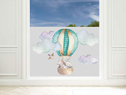 GRAZDesign Fensterfolie Blickdicht Sichtschutzfolie Kinderzimmer türkis Heißluftballon, Milchglasfolie - 80x57cm / Heißluftballon mit Tieren