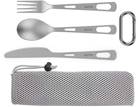 OUTXE Titanium Camping Utensilien Set 3 StückeTitan Löffel Gabel Messer Kombi und tasche, Lunchbox Besteckset und Reisebesteck