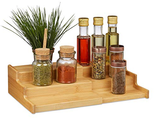 Relaxdays Gewürzregal Bambus, 3 Etagen, ausziehbar, natürliche Optik, Gewürztreppe Arbeitsfläche, HBT: 9x38x22cm, Natur