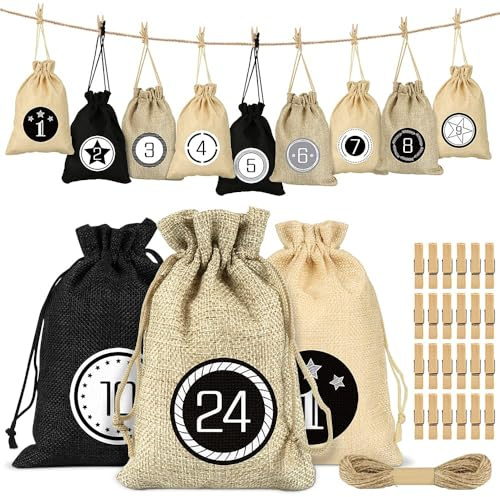 Adventskalender zum Befüllen Säckchen, 24 Weihnachtskalender Stoffbeutel, Adventskalender Säckchen Wiederverwendbar, Weihnachtskalender Jutesäckchen, Adventskalender Stoffsäckchen