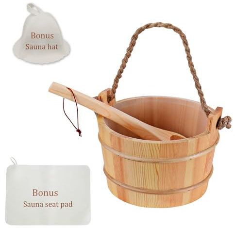 Novalty Handgefertigtes Saunakübel und Schöpflöffel, mit Saunahut und Sauna-Pad, traditioneller Wassereimer aus Holz, 4 l, mit Kunststoffeinsatz für Zuhause, Hotel, Sauna, Raum, Saunaheizung