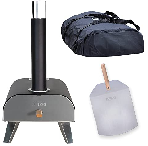 Zanussi ZPO1BPC Outdoor 12 Inch Wood Pellet Portable Wood Fired Pizza Oven with Paddle and Cover in Black, BBQ Oven & Smoker, Stainless Steel Foldable Legs