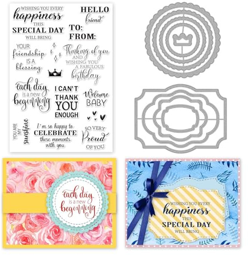 INFUNLY Word Clear Stamps Für Die Kartenherstellung Etiketten Rechteckig Gestanzt Runder Rahmen Metall-Stanzform Inspirierendes Zitat Silikonstempel Für DIY Scrapbooking Kunsthandwerk Stempeln Dekor